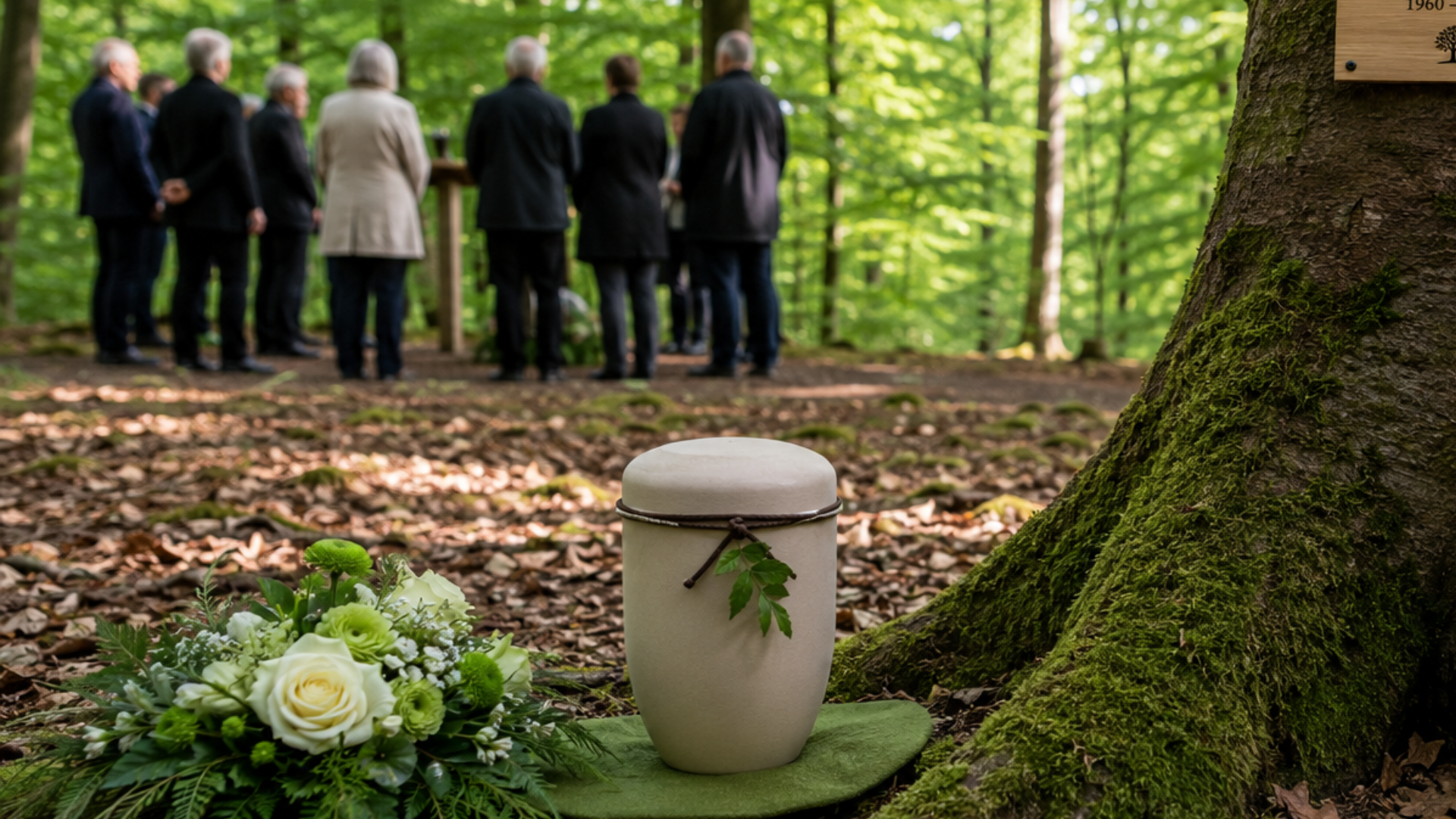 ablauf-einer-friedwald-bestattung Ablauf einer FriedWald-Bestattung: Eine Urne an einem Baum, dahinter eine Gruppe trauernde Menschen.