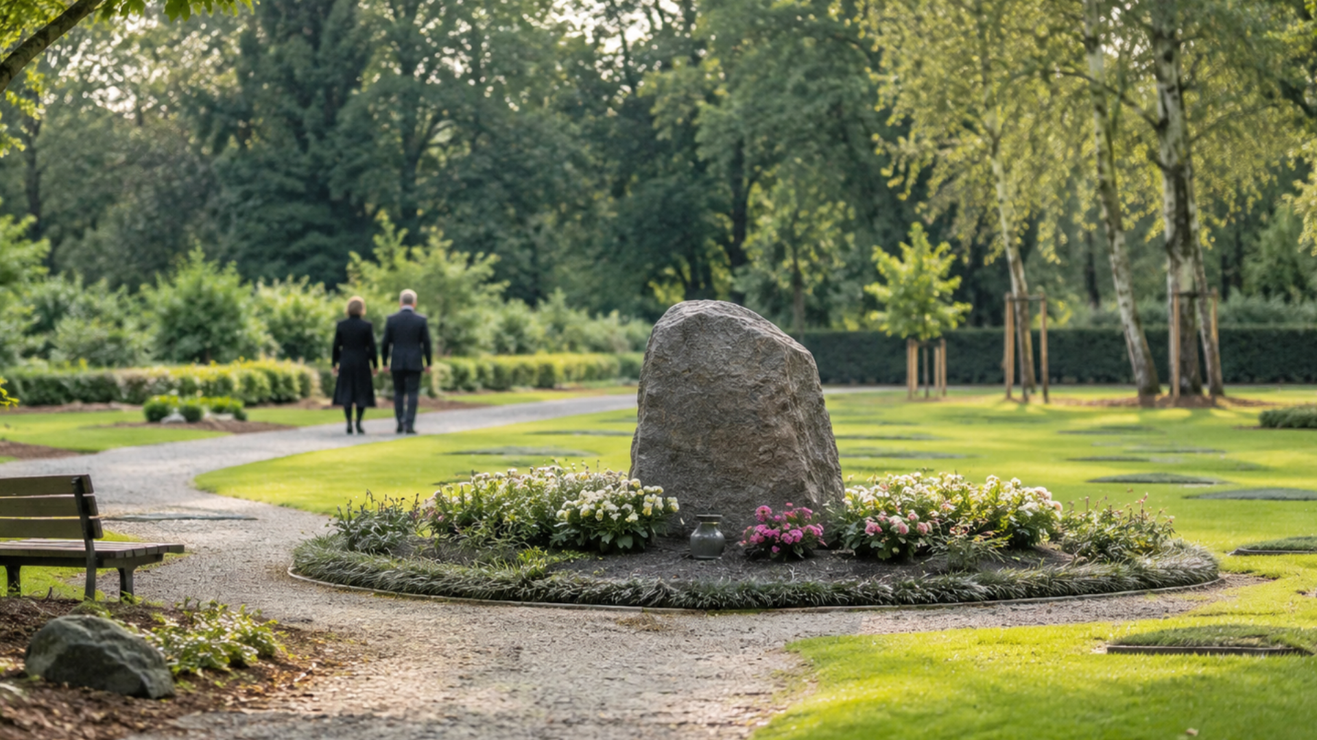 anonyme-bestattung Anonyme Bestattung: Eine Gedenkstätte auf einem Friedhof mit zwei Menschen im Hintergrund.