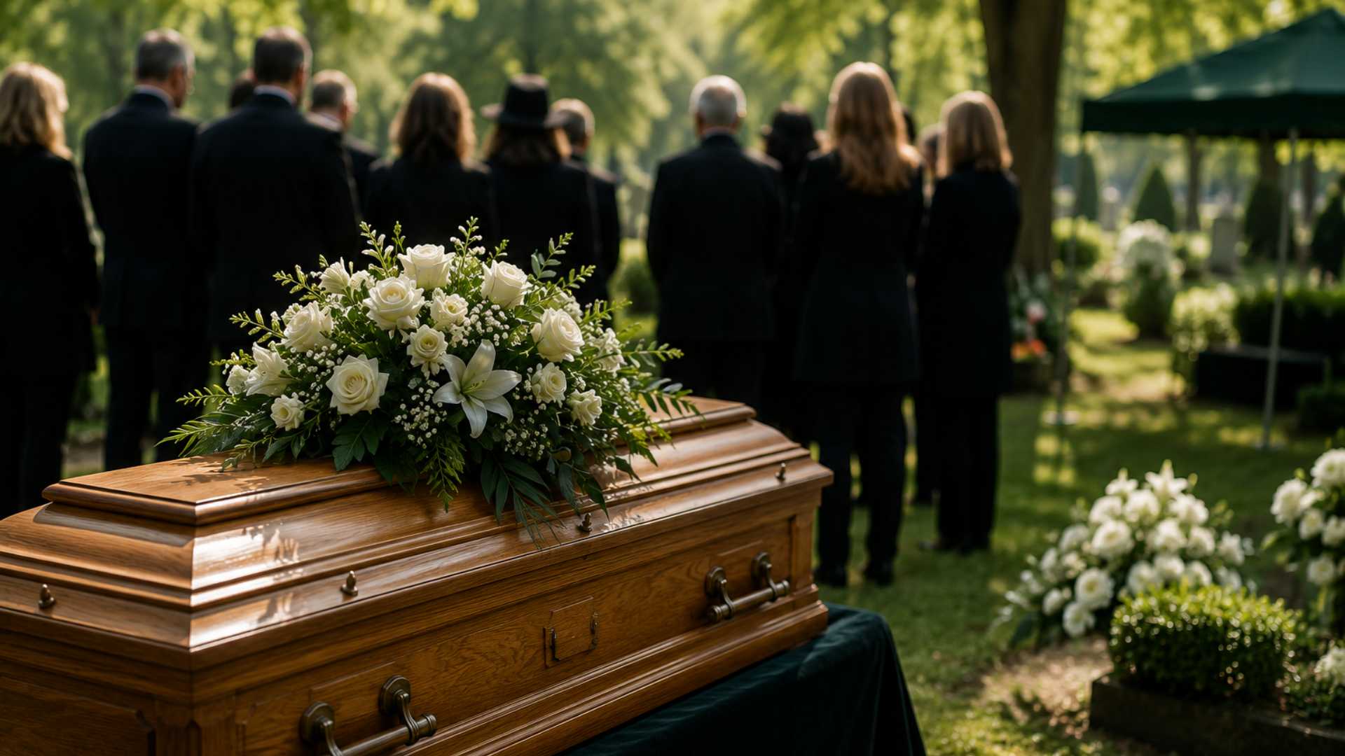 bestatter-in-karlsruhe Bestatter in Karlsruhe: Ein geschmückter Sarg auf dem Friedhof mit einer Trauergemeinschaft dahinter.